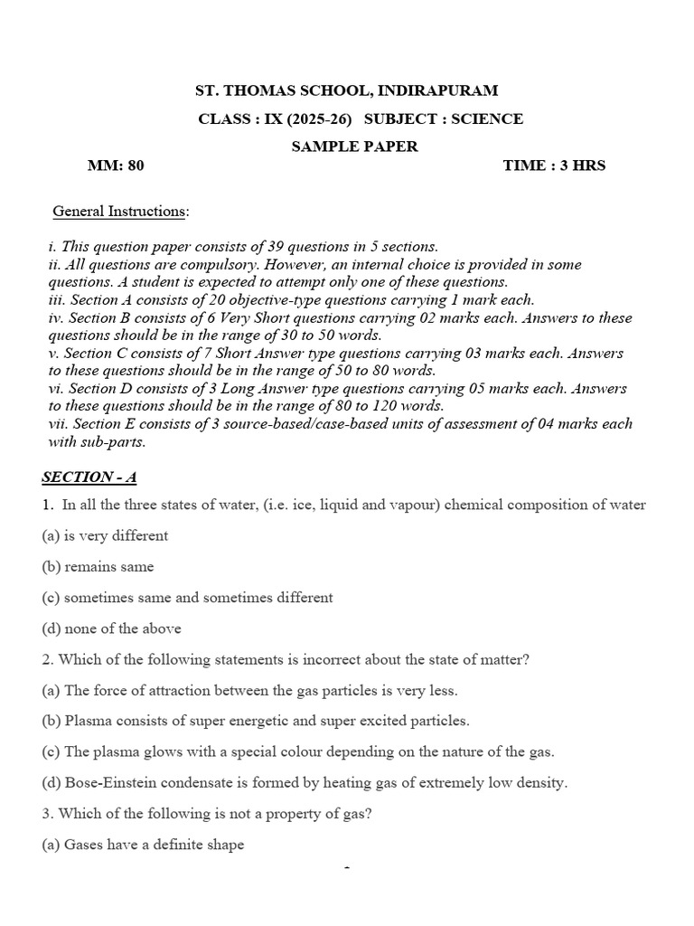 Sample Paper Class 9 Science | PDF | Mixture | Cell Membrane
