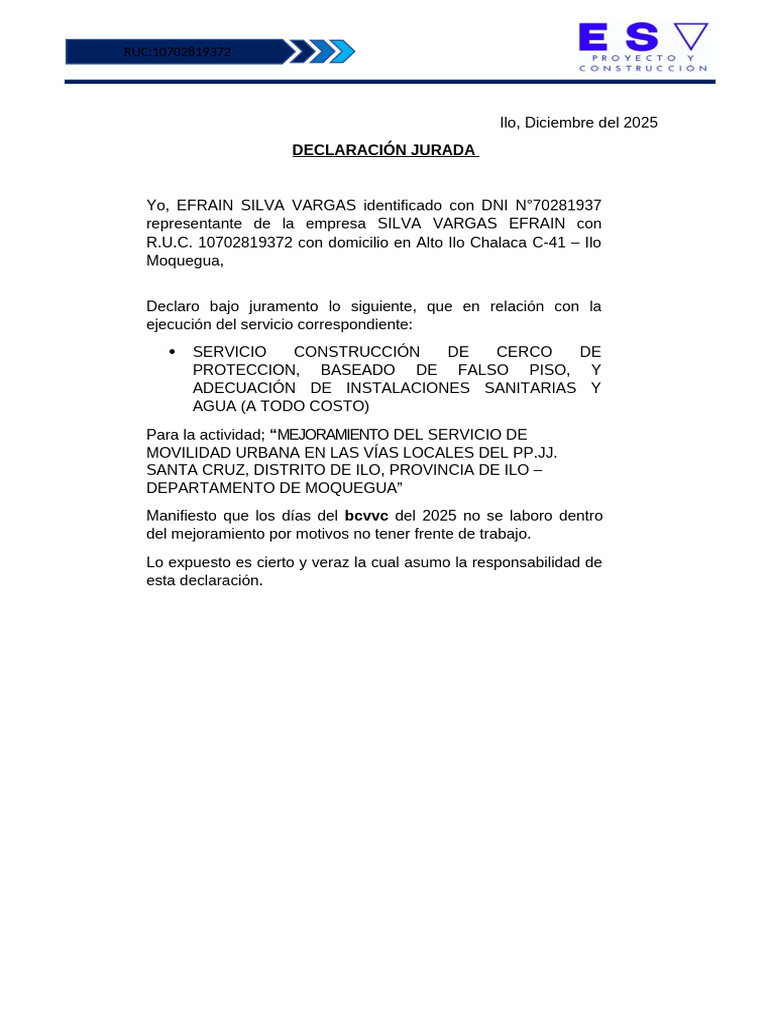 Declaracion Jurada de No Laborar Dias | PDF