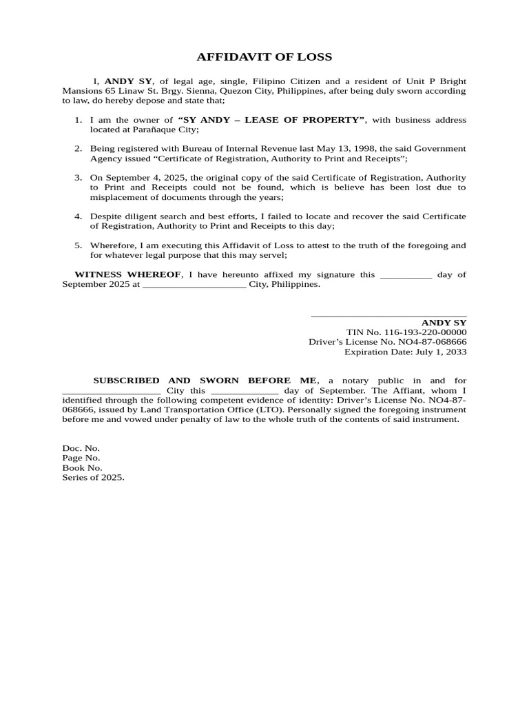 Affidavit of Loss Andy Sy | PDF