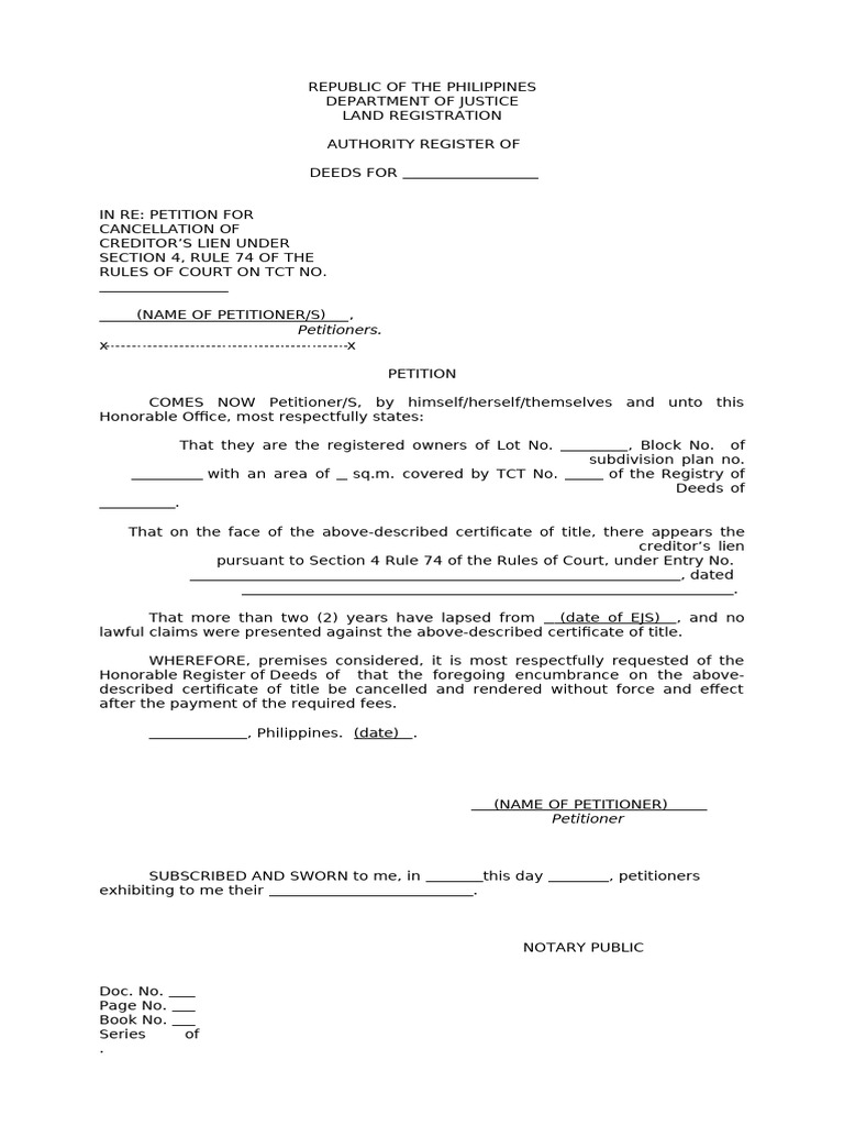 TEMPLATE Verified Petition Cancellation of Section 4 Rule 74 | PDF | Law