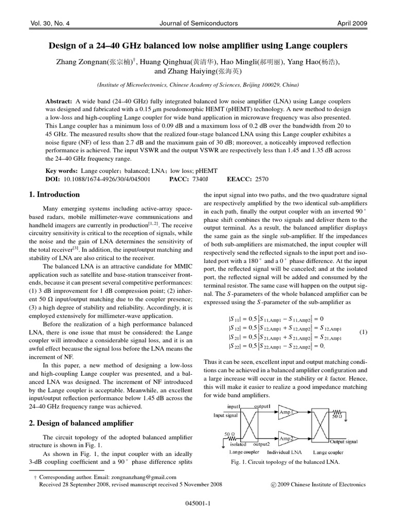 Design of A 24-40 GHZ Balanced Low Noise Amplifier | PDF | Amplifier ...
