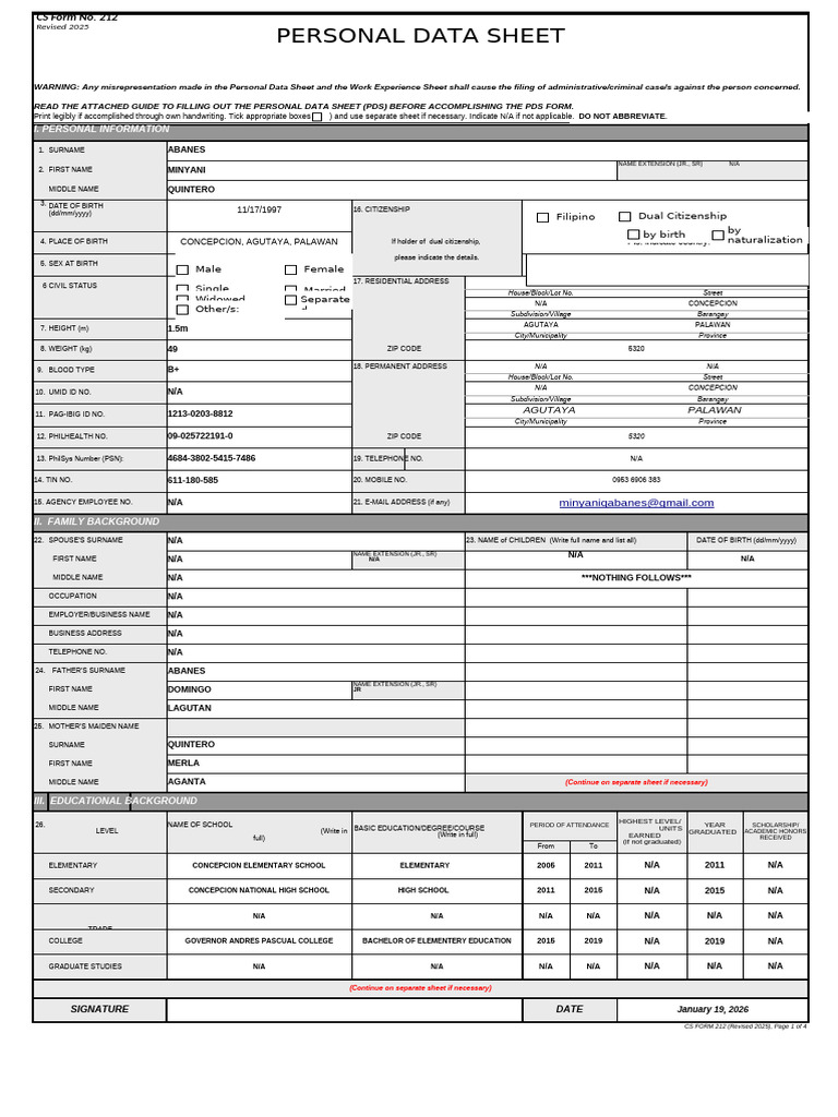 SAMPLE Revised 2025 Personal Data Sheet | PDF