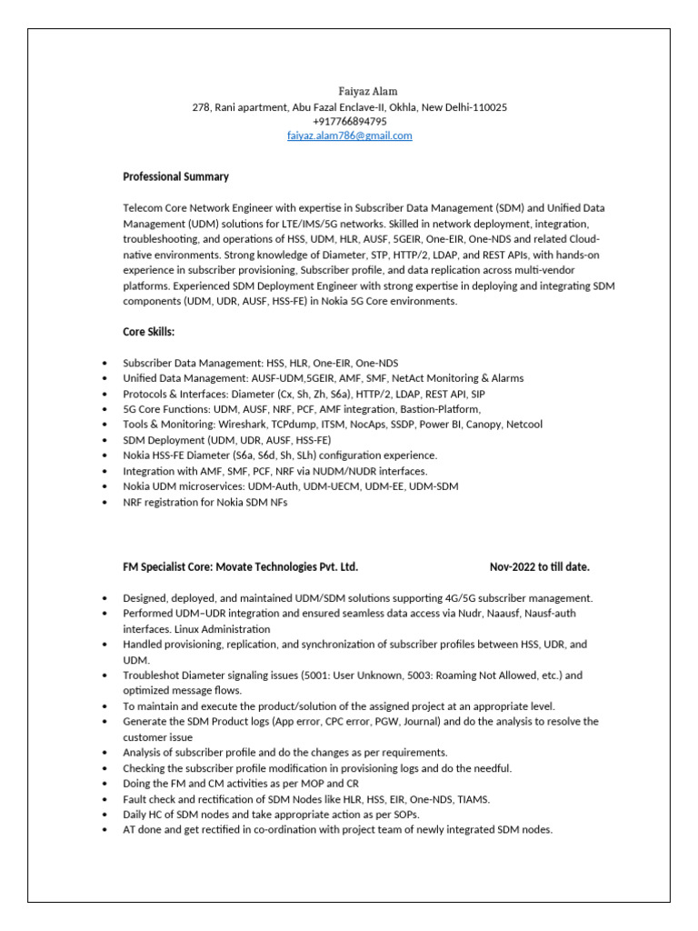 Faiyaz Alam FM Specialist SDM - UDM Core | PDF | Ip Multimedia ...