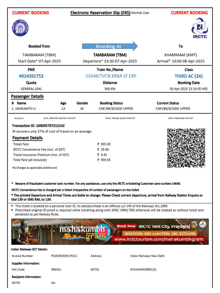 Jaswanth Train Tkt | PDF | Identity Document | Payments