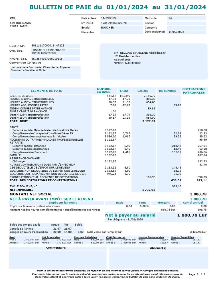 Bulletin de Salaire Rezzag Janv 2024 | PDF | Impôt sur le revenu | Impôts