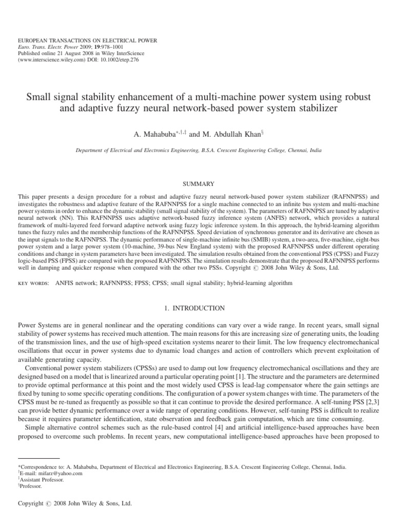 Small Signal Stability Enhancement of A | PDF | Fuzzy Logic | Control ...