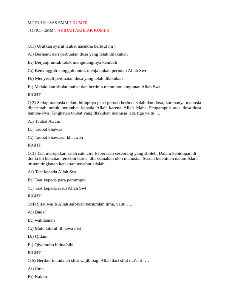 Sas Emm Akidah Akhlak 7 Kumer | PDF