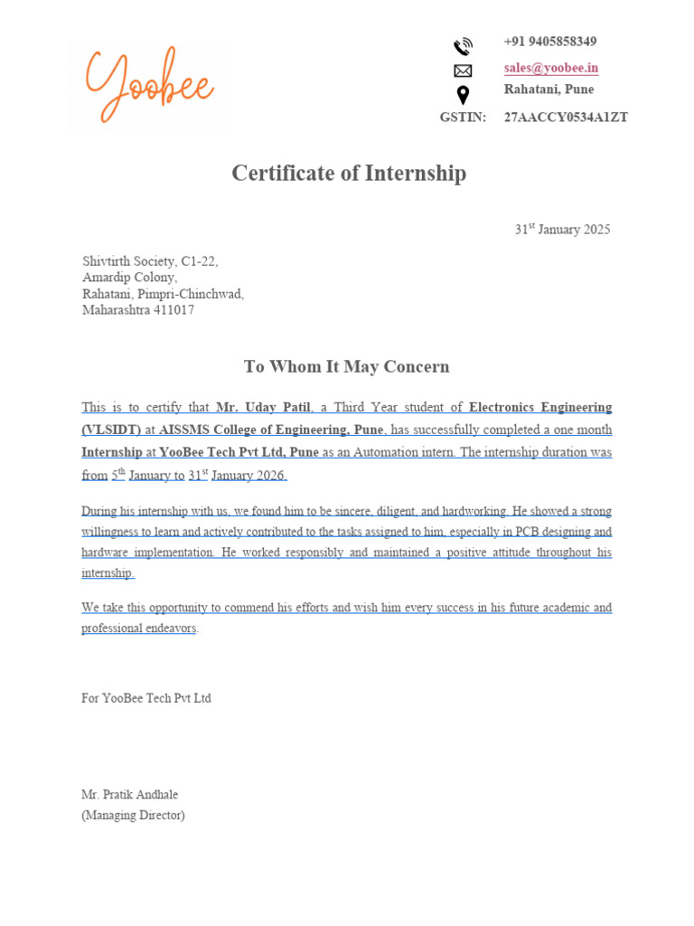 Format Internship Certificate | PDF