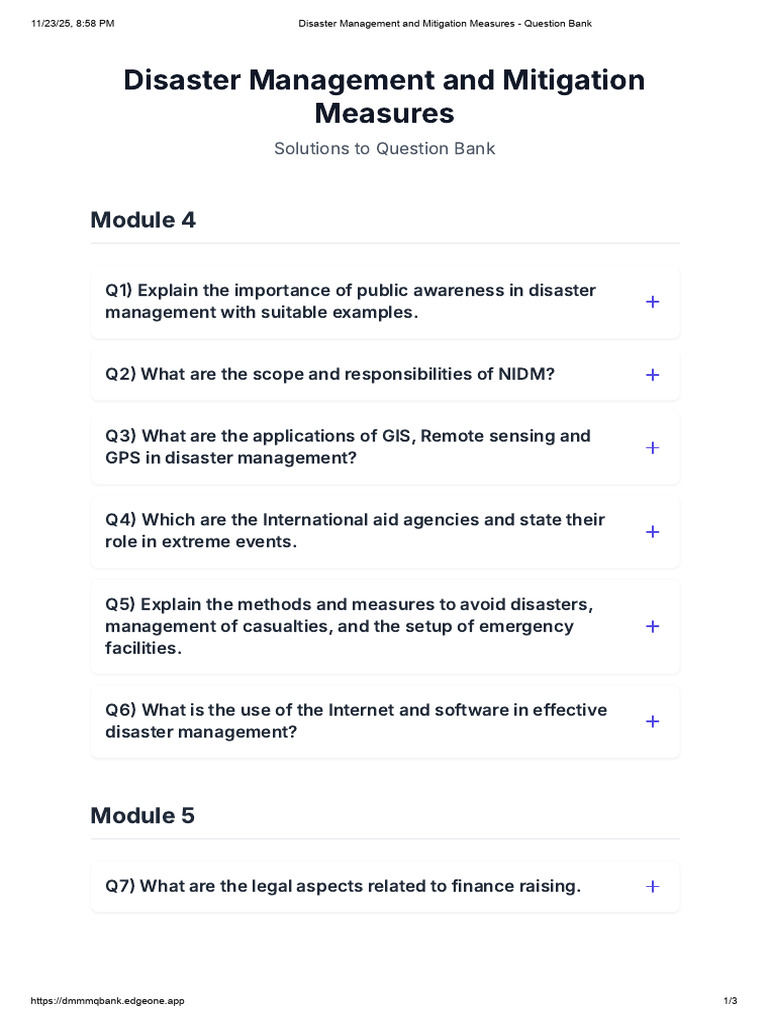 Disaster Management and Mitigation Measures - Question Bank | PDF