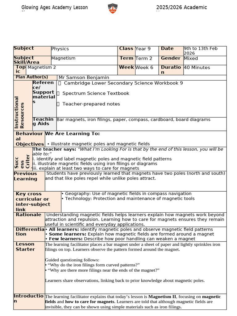 Physics Year 9 Term 2 Lesson Plan Week 6 Updated 2025 2026 Session ...