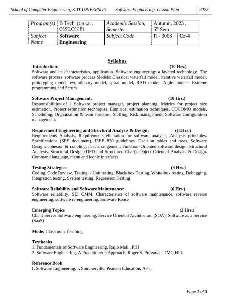 Software Engineering Course Plan 2023 | PDF | Software | Agile Software ...