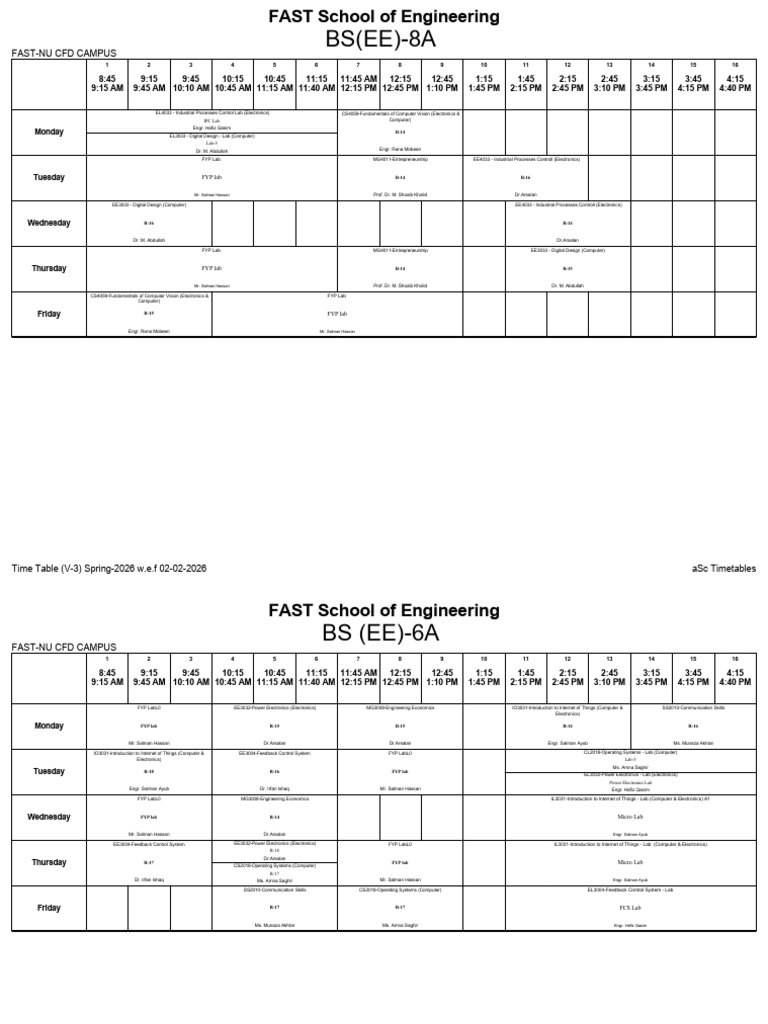 Classwise - Updated Timetable For FAST School of Engineering For Spring ...