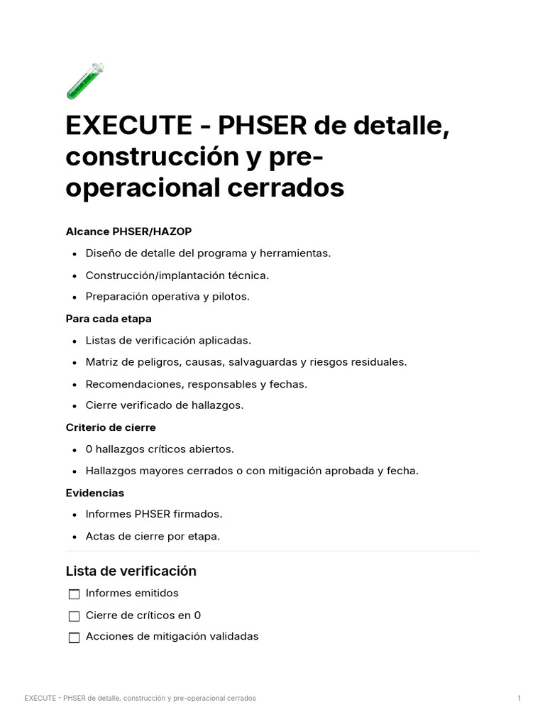 EXECUTE - PHSER de Detalle Construccin y Pre-operacional Cerrados | PDF