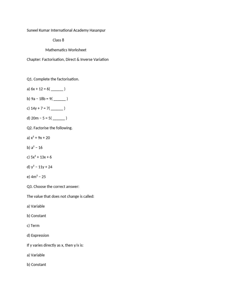 Class 8 Maths Worksheet 2 | PDF