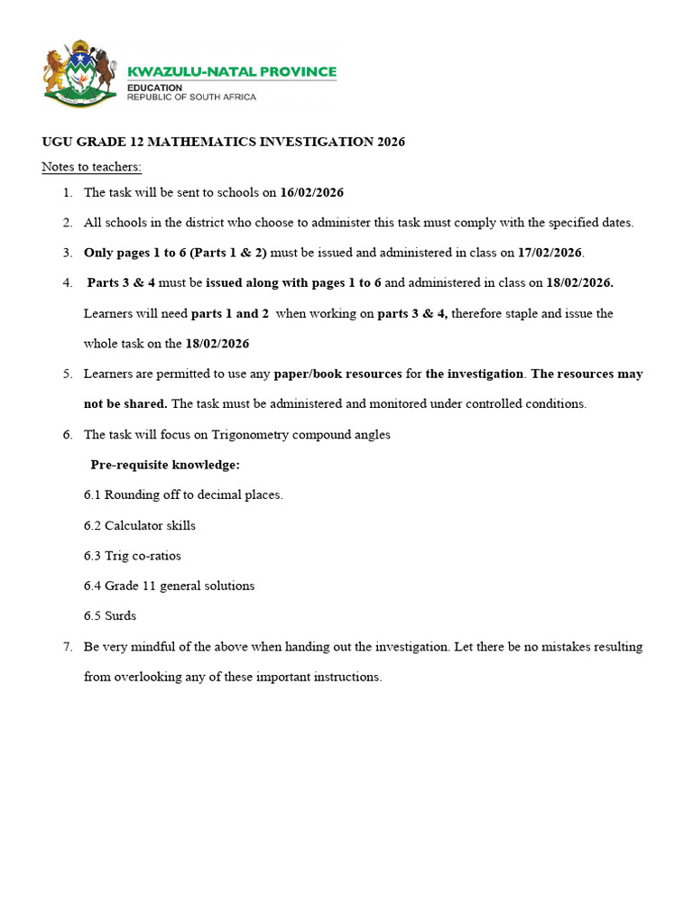 Notes To Teachers GRADE 12 Mathematics Investigation | PDF