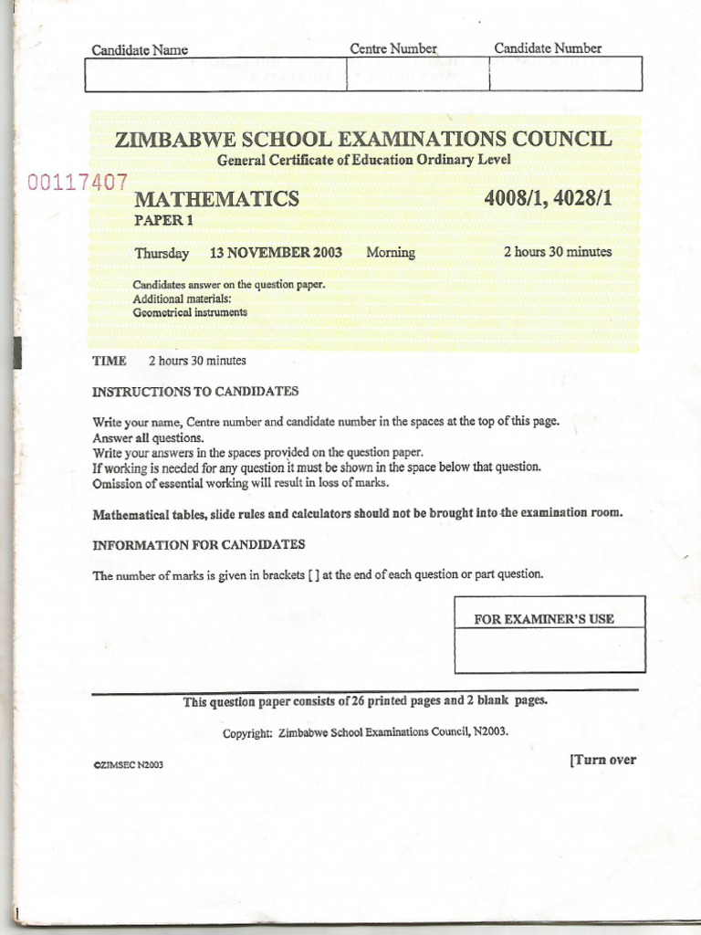 Mathematics Paper 1 - 2003 | PDF