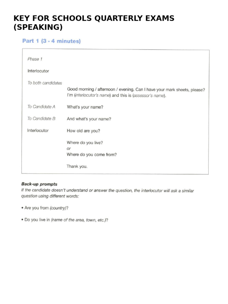 Key For Schools Speaking | PDF