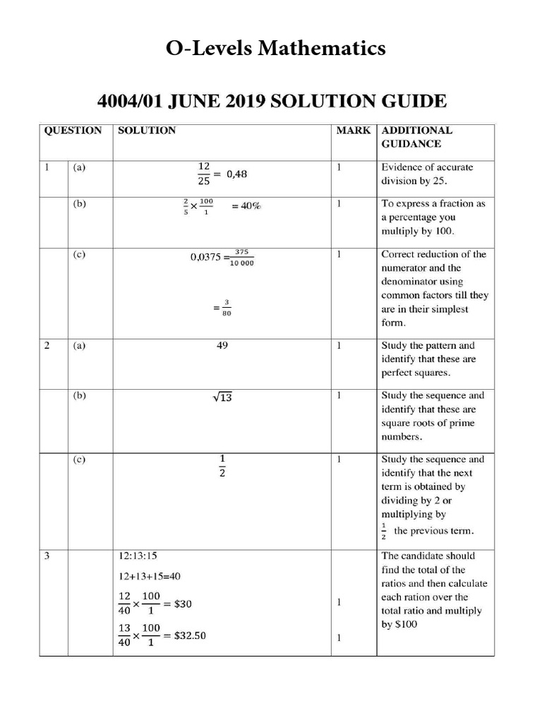 O-levels Mathematics 2019 Answers | PDF