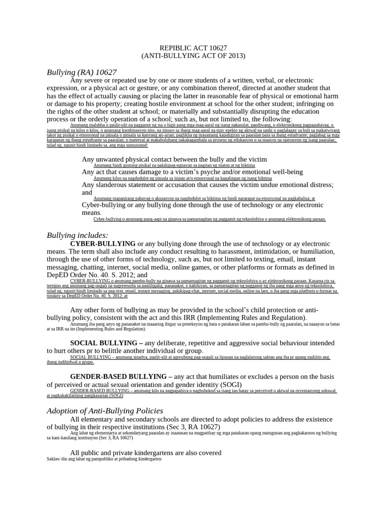 Repiblic Act 10627 | PDF | Bullying | Cyberbullying