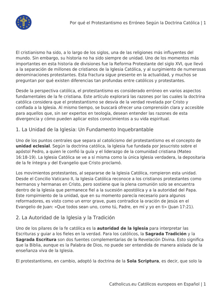 Por Qué El Protestantismo Es Erróneo Según La Doctrina Católica | PDF ...