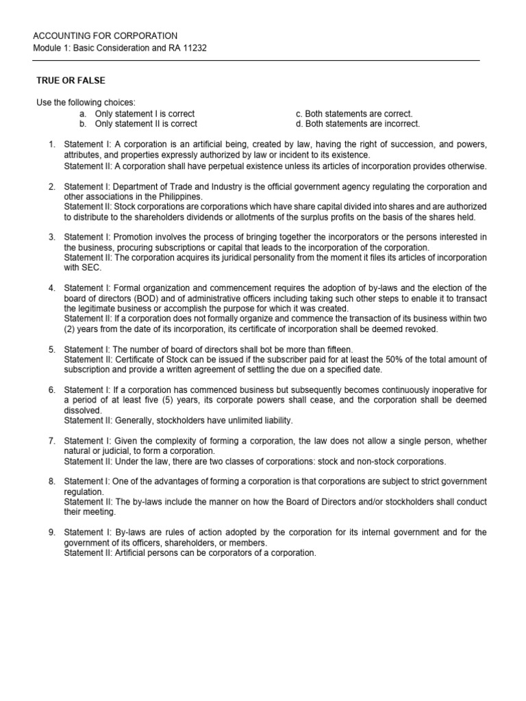 Module 1 - Basic Consideration and RA 11232 | PDF | Corporations | Dividend