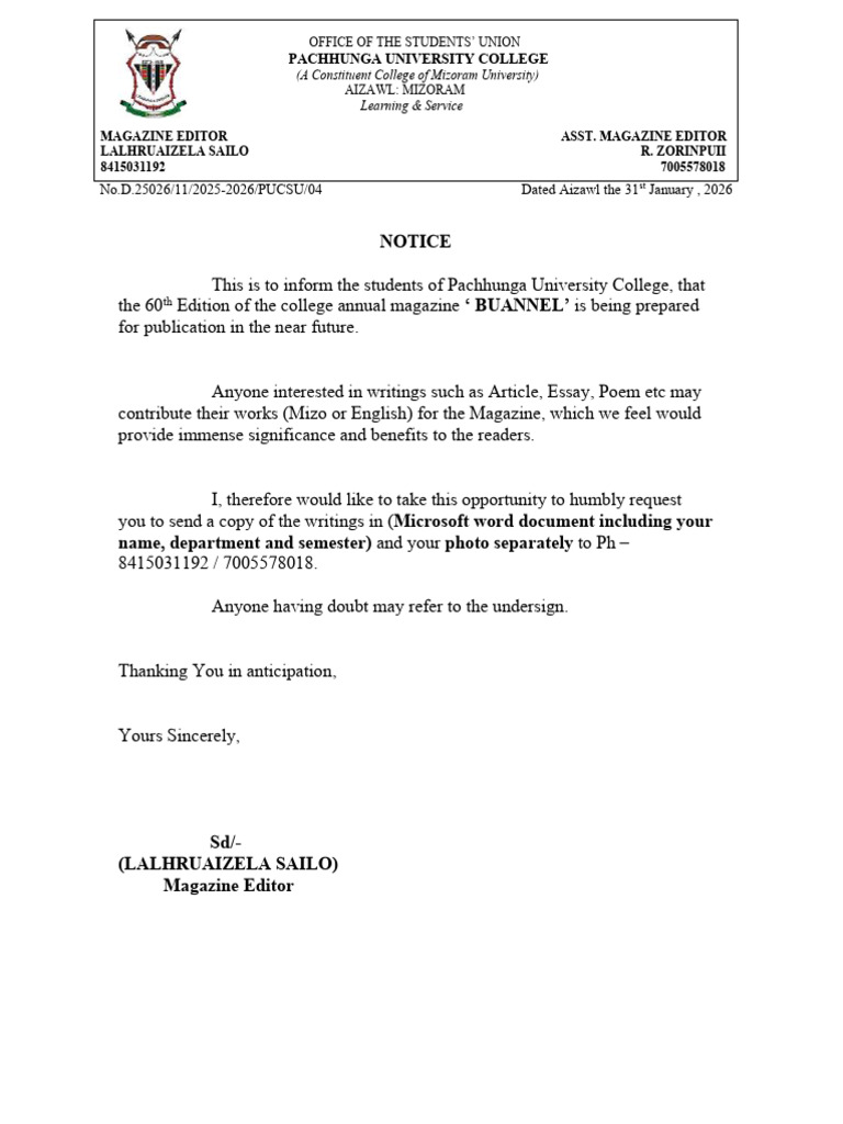 Notice To Students 2026 Buannel Magazine 60th | PDF