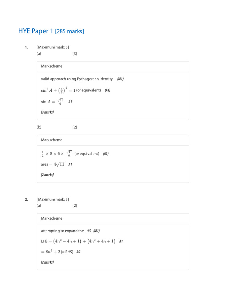 HYE Paper 1 Marking Scheme | PDF | Square Root | Quadratic Equation