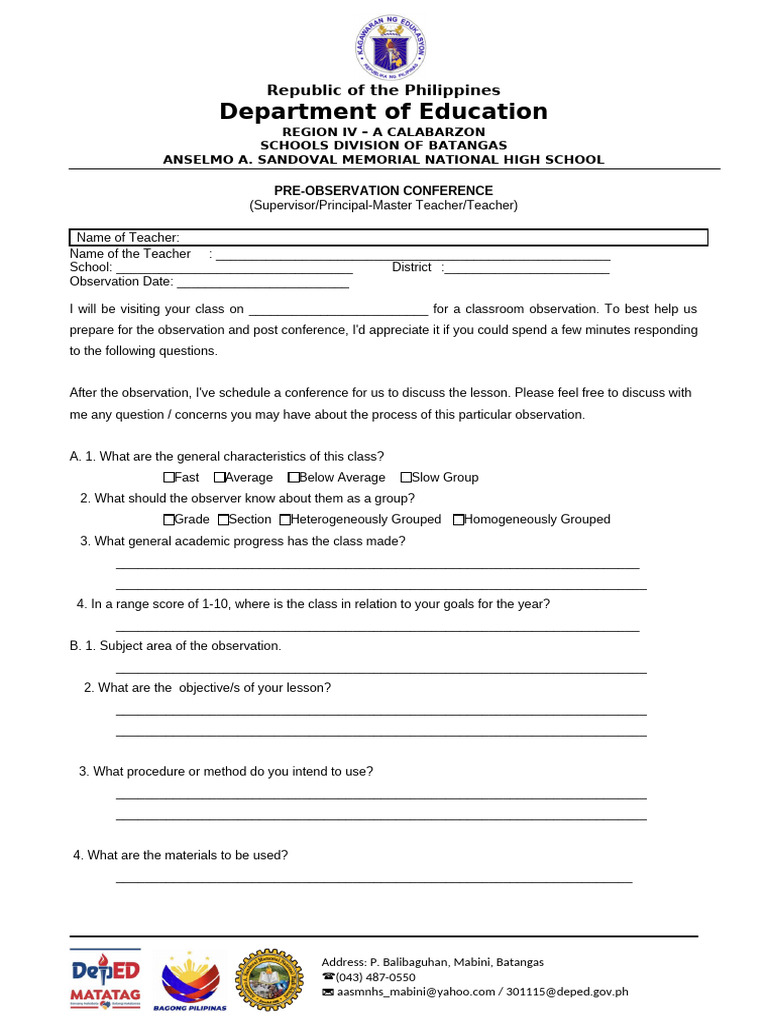 Pre Observation Conference Form | PDF | Behavior Modification
