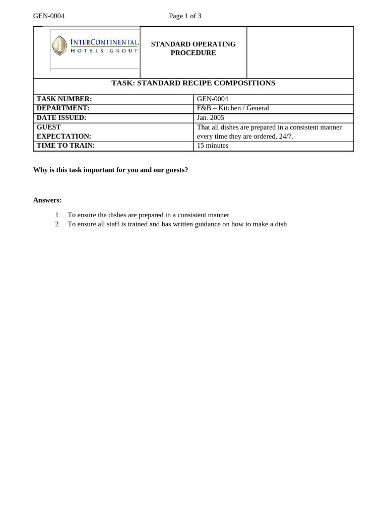 SOP Standard Recipe Compositions | PDF | Recipe | Chef