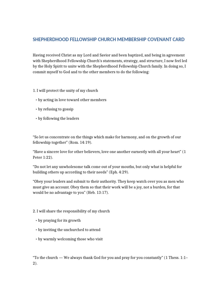 Shepherdhood Fellowship Church Membership Covenant | PDF