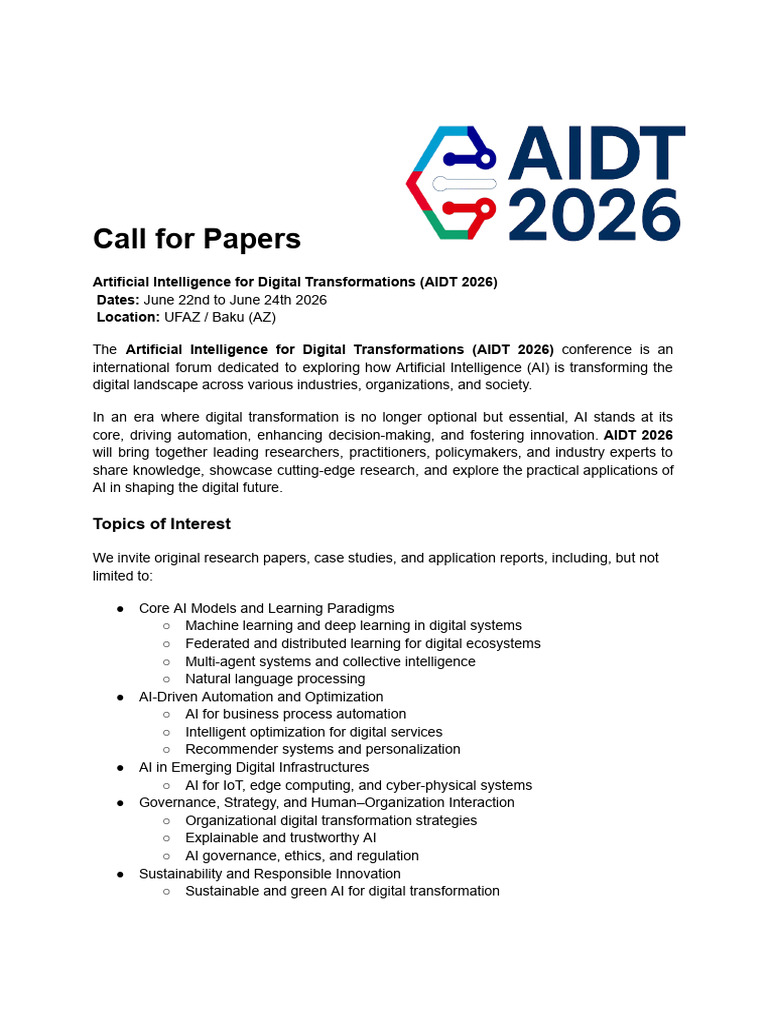 AIDT 2026 Call For Papers | PDF | Artificial Intelligence ...