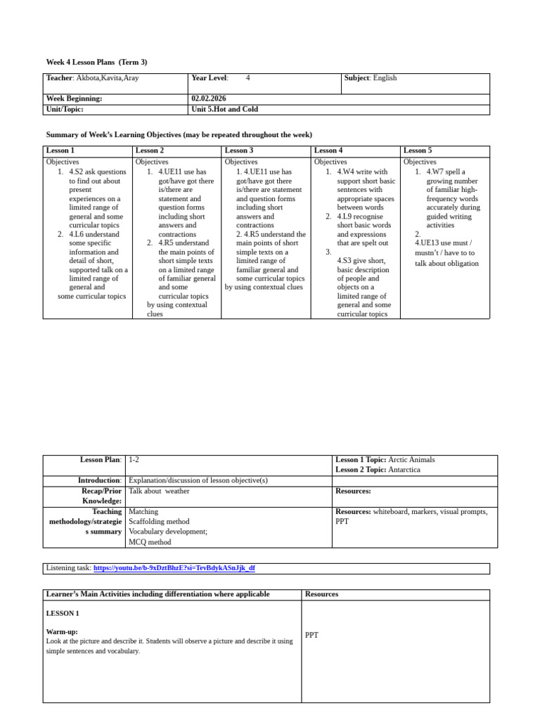 Lesson Plan 4 Grade Week 4 | PDF | Lesson Plan | Learning