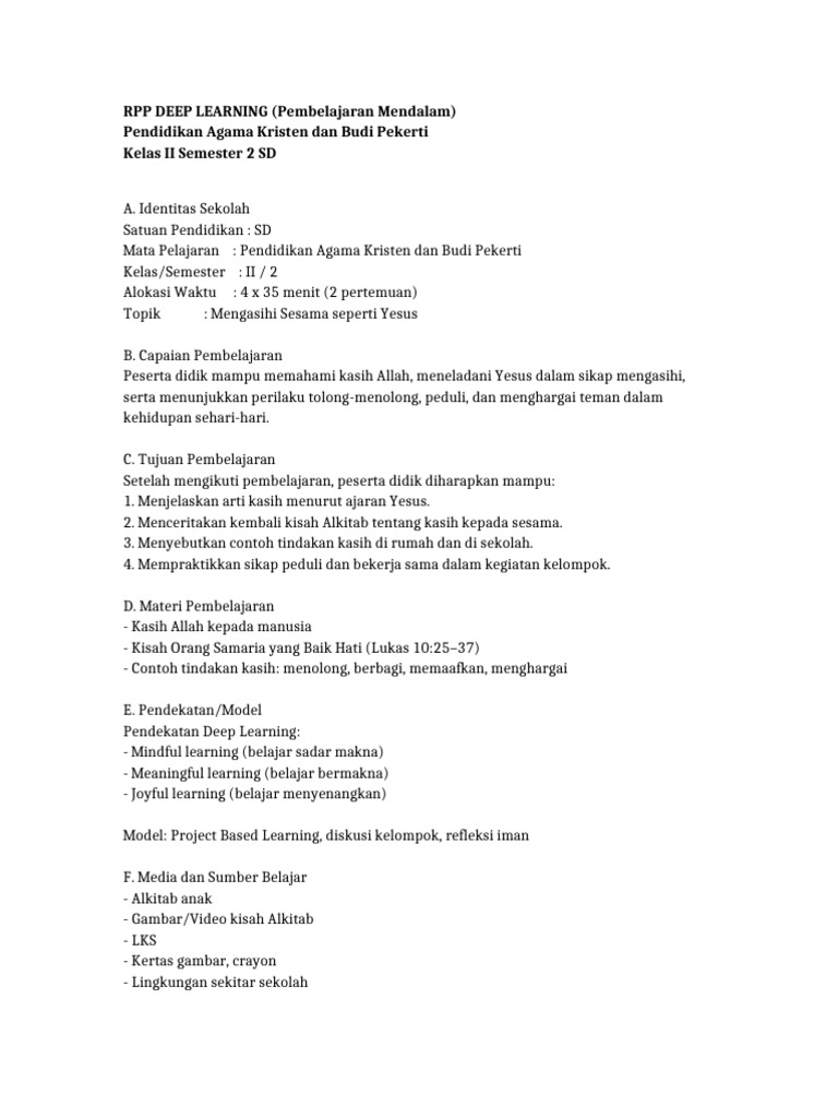 RPP Deep Learning PAK Kelas 2 Semester 2 | PDF
