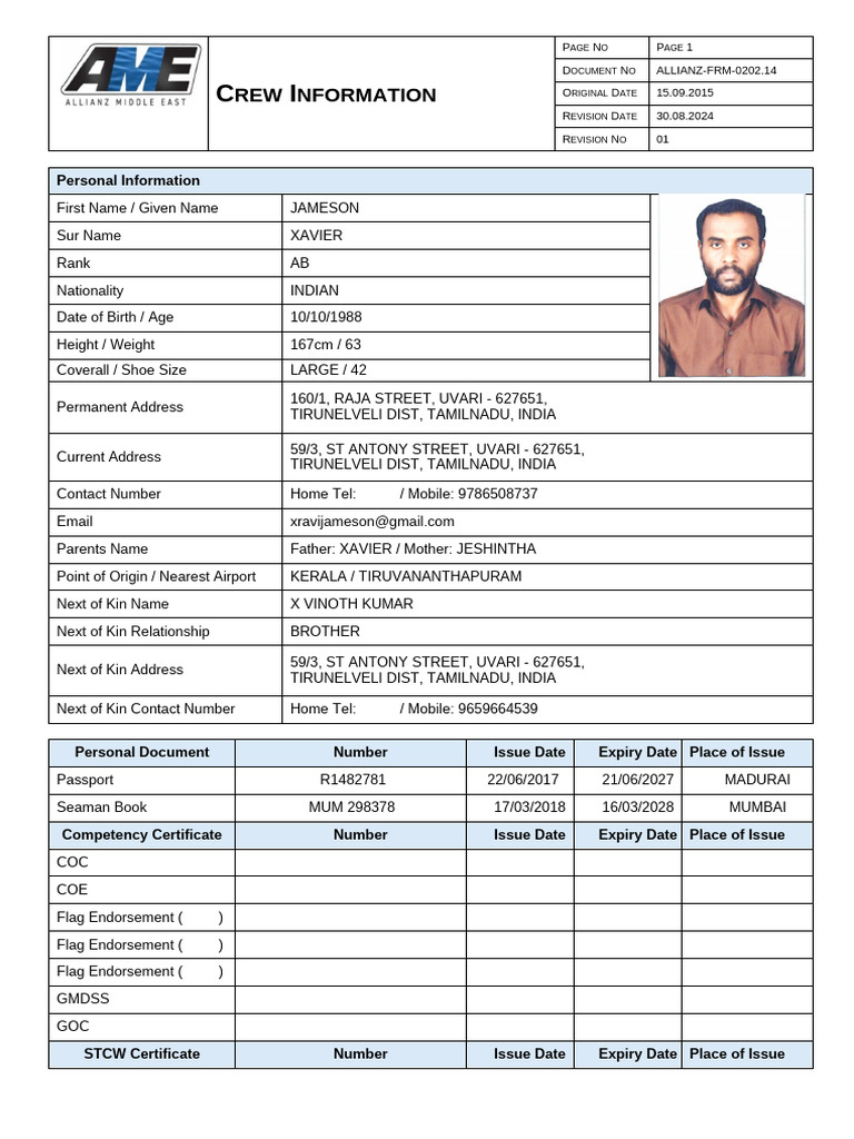 ALLIANZ FRM 0202.14 Crew Information | PDF | Shipping | Ships