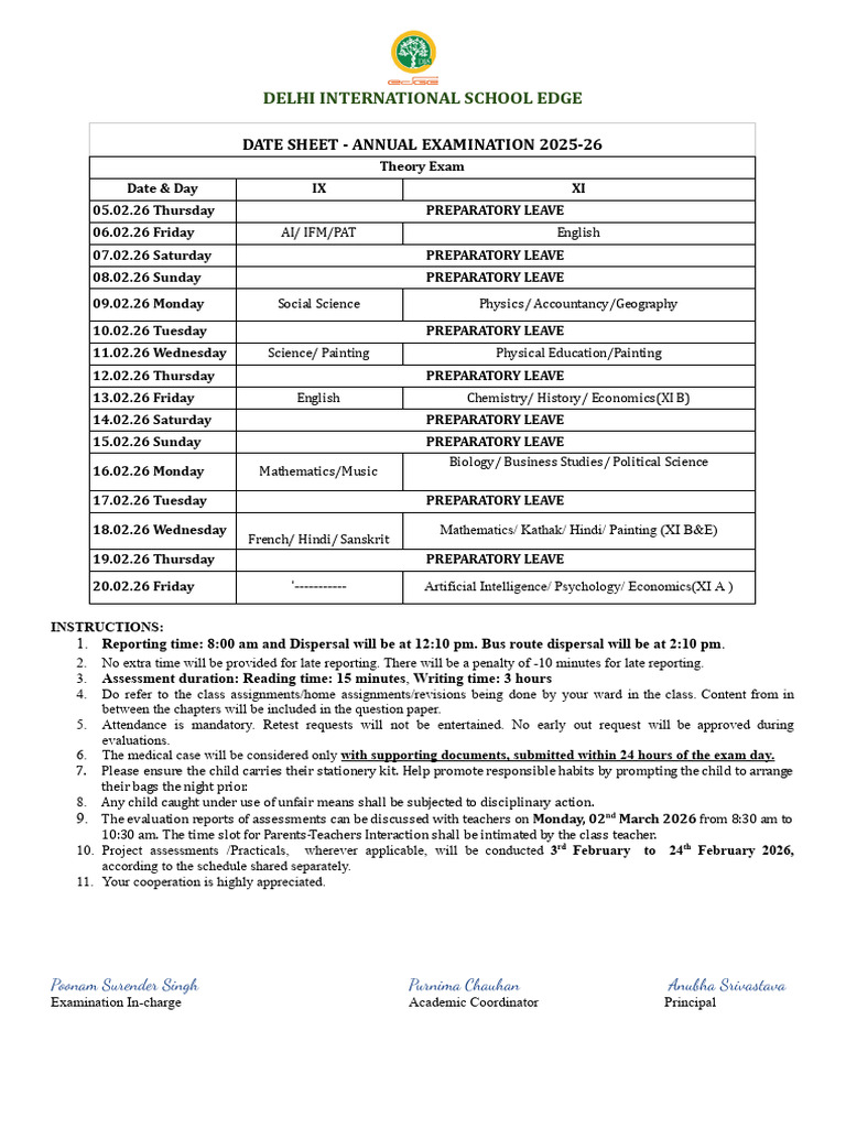 Updated Annual Theory Datesheet for Class IX & XI 25-26 | PDF