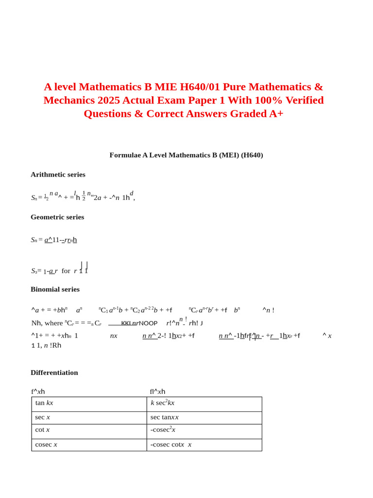 A Level Mathematics B MIE H640-01 Pure Mathematics & Mechanics 2025 ...
