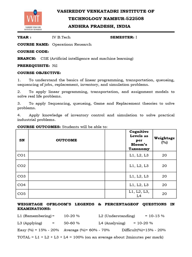 Operations Reserach (Model Paper, Syllabus, Micro Syllabus) | PDF ...