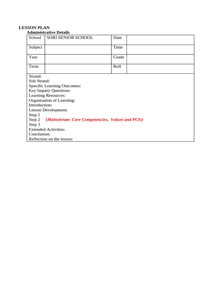 CBC Lesson Plan Template Kicd | PDF