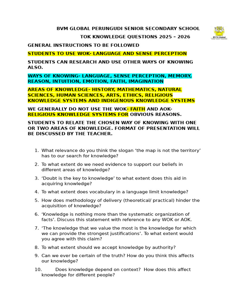 Tok- Knowledge Questions for Prelims and Finals 1 | PDF | Knowledge ...