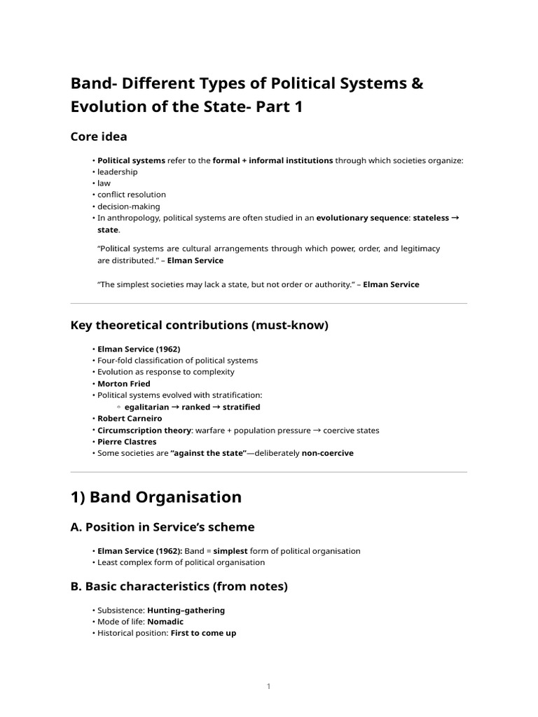 Political Systems & Evolution of State - Part 1 (Band Tribe) | PDF ...