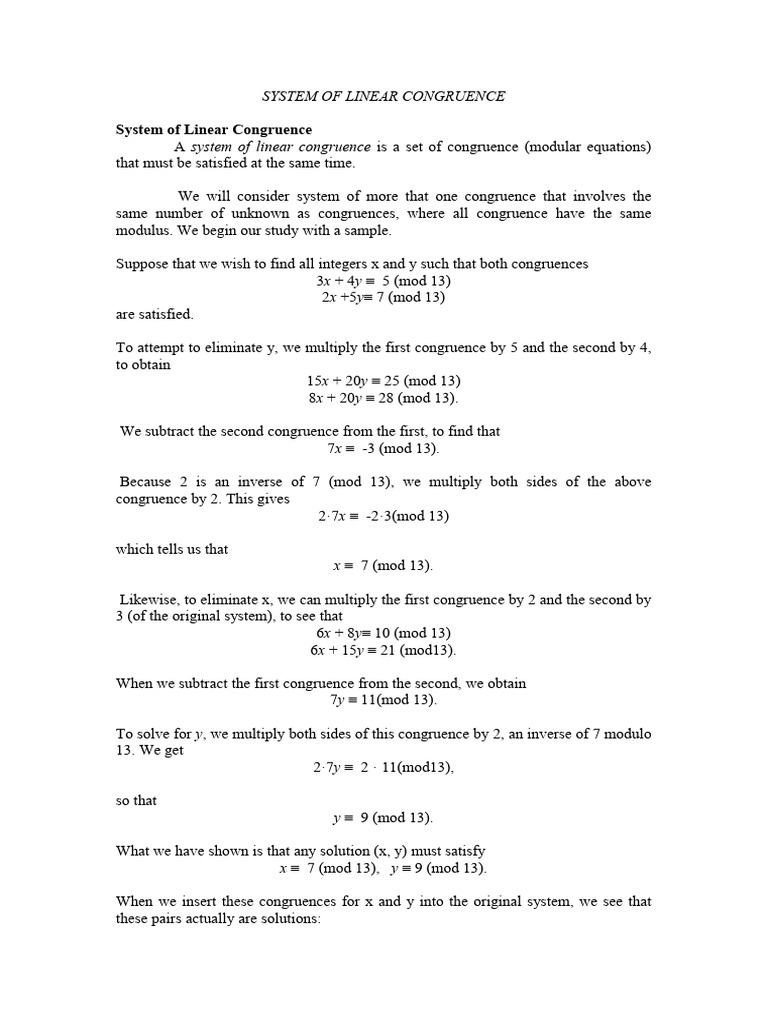 System of Linear Congruence | PDF | Matrix (Mathematics) | Mathematics