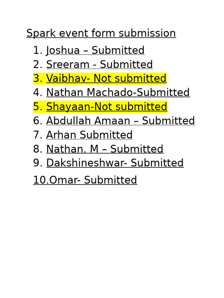 SPARK Event Form Submission List | PDF