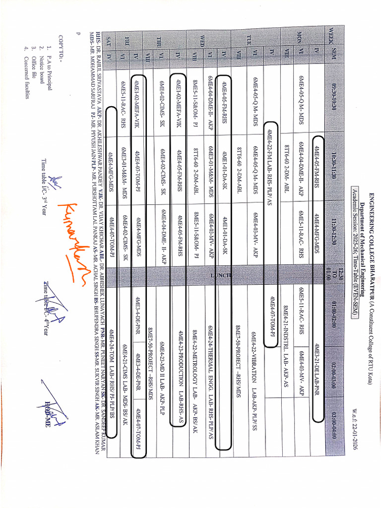 Time Table 4th Sem | PDF