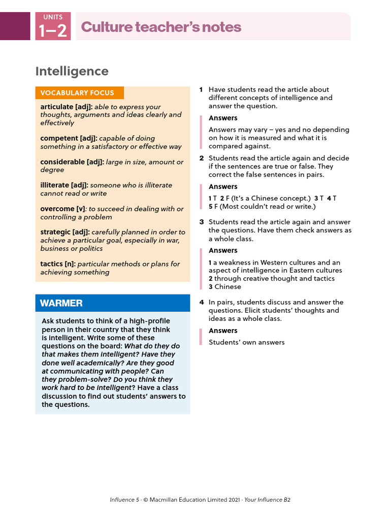 L5 B2 Culture U1 2 Teacher's Notes | PDF | Thought | Intelligence