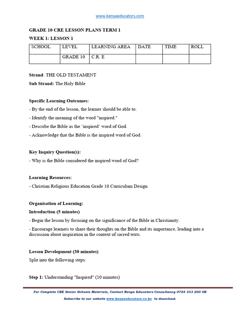 Grade 10 CRE Lesson Plans | PDF | Bible | Salvation