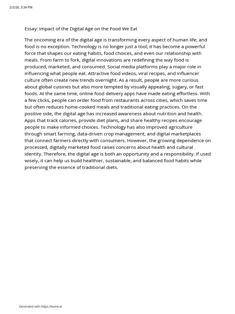 Impact of Digital Age on Food We Eat Essay. | PDF