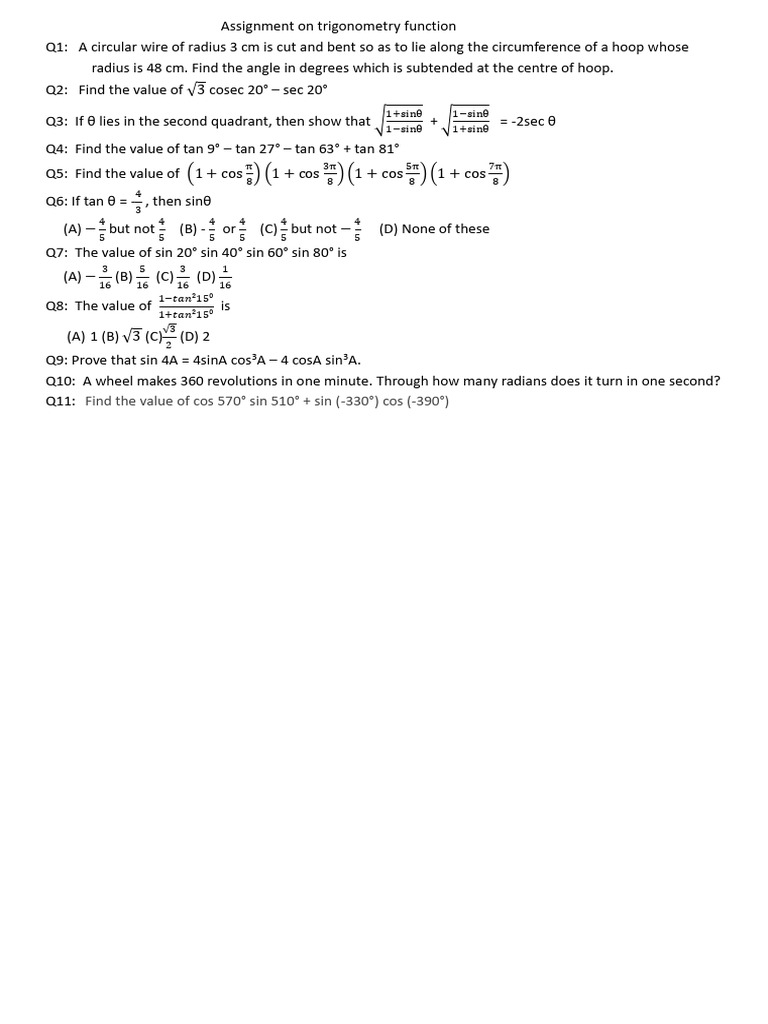 Assignment on Trigonometry Function Class 11 Copy | PDF
