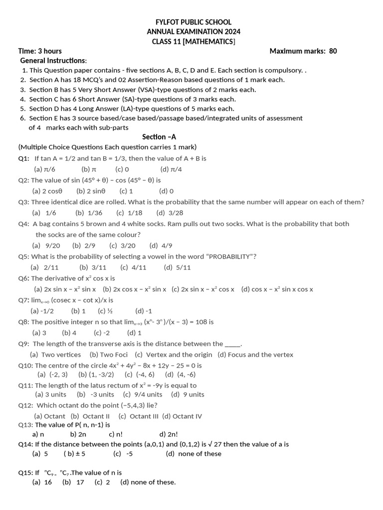 Annual Examination Class 11 2024 | PDF | Analytic Geometry | Mathematics