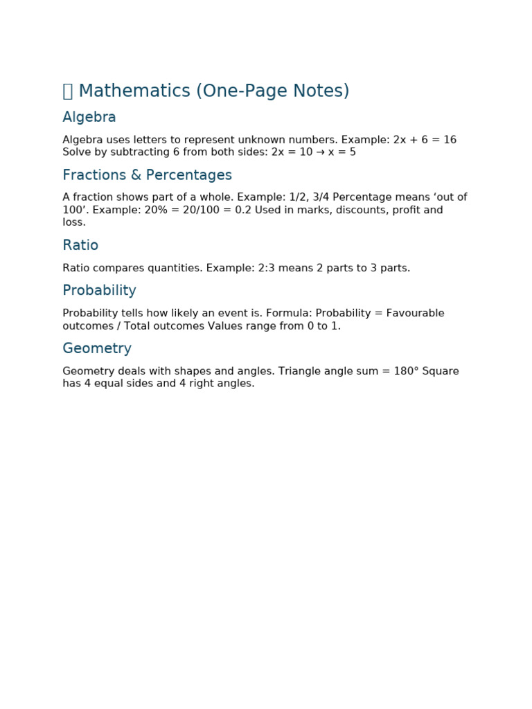 Mathematics - One Page Notes | PDF