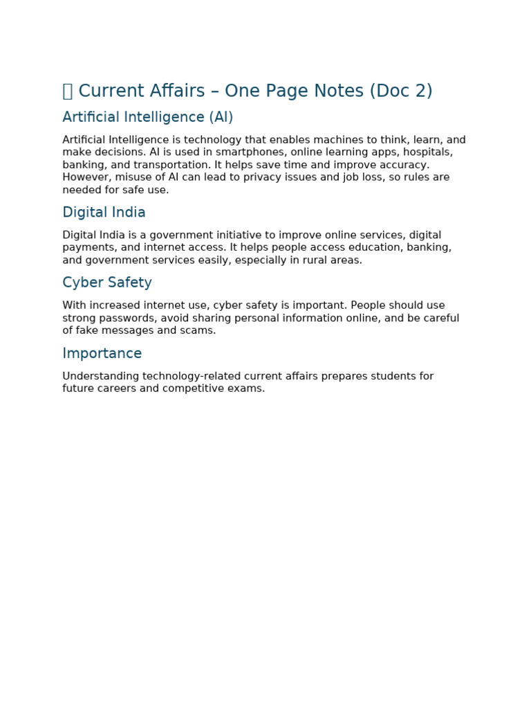 Current Affairs – One Page Notes (Doc 2 of 46) | PDF